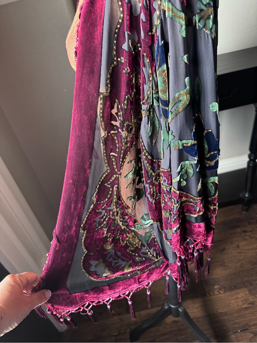 R&K Evening Silk Burnout Velvet Beaded Kimono Duster Jacket S/M Vintage - Picture 6 of 16